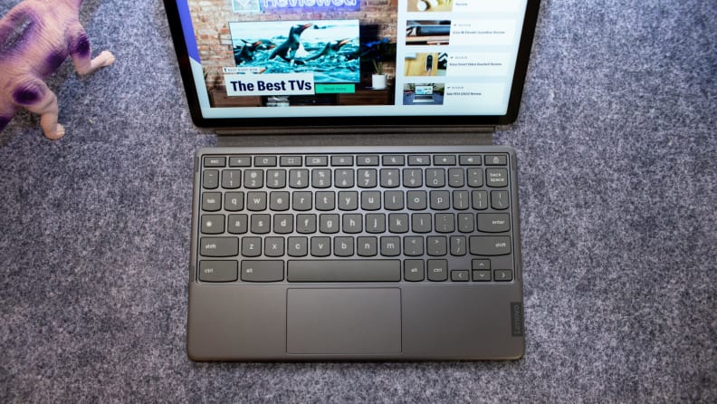Overhead view oof the Lenovo Duet 3 setup on it's keyboard.